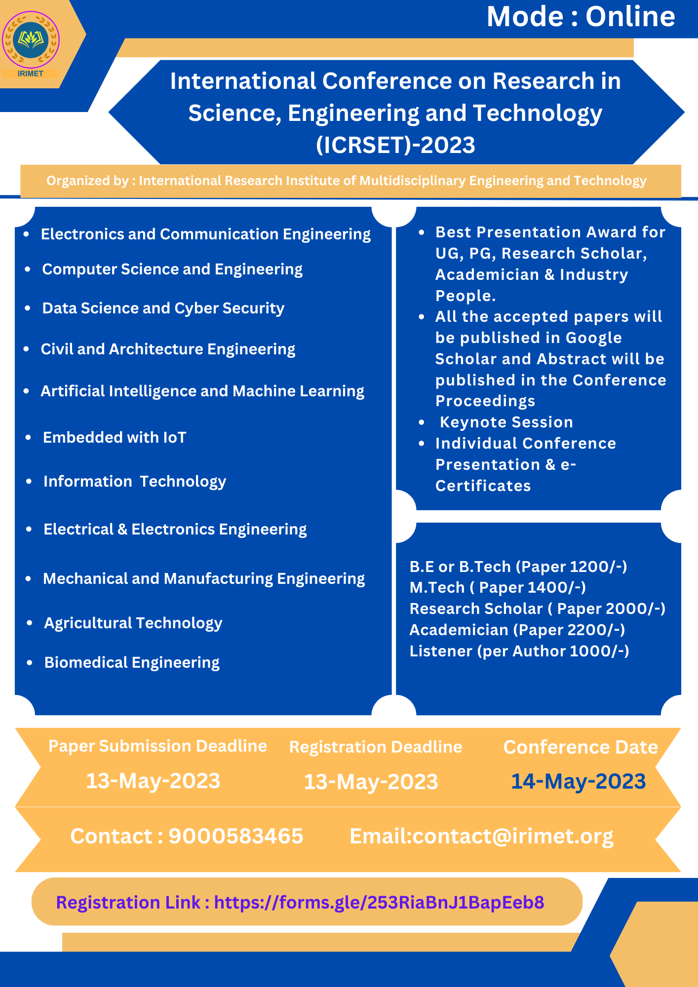 International Conference on Research in Science, Engineering and Technology (ICRSET) 2023